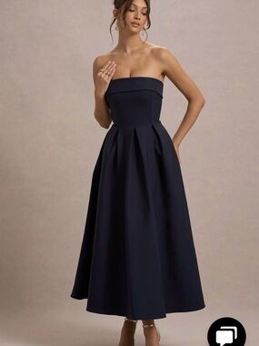 Club L London Strapless Navy Midi Dress with Pleated Skirt